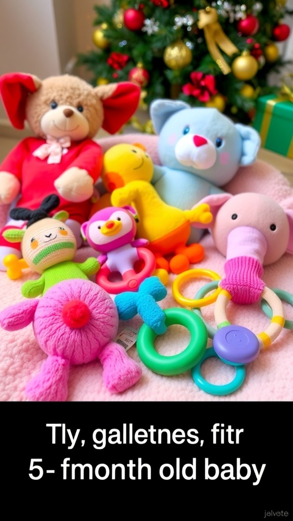 Christmas Gift Ideas for a 5-Month-Old A collection of baby toys for Christmas, including plush toys and rattles, on a festive blanket.